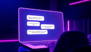 Futuristic digital chat interface with adult-themed conversation bubbles illuminated by neon lights.