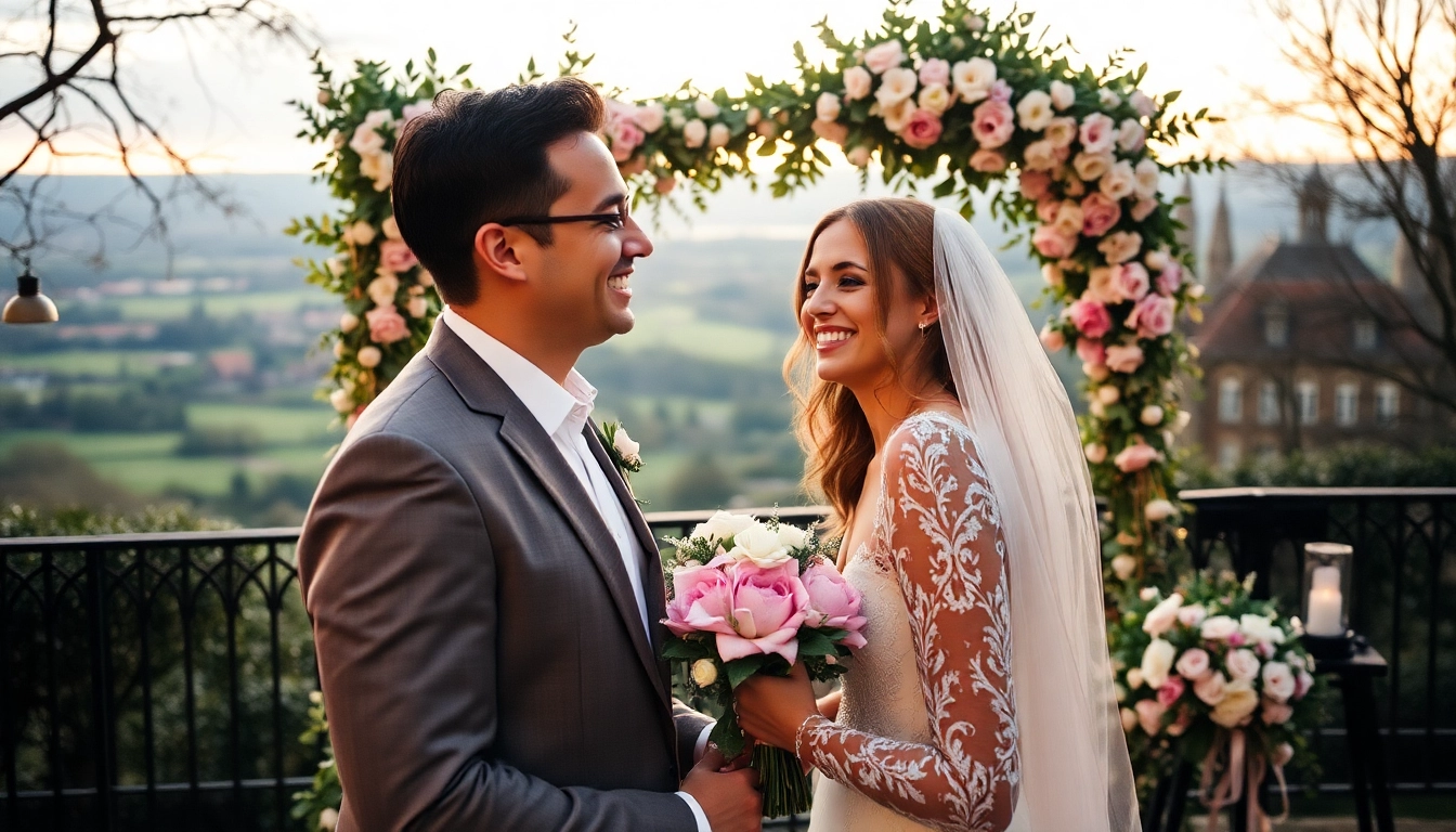Photographie de mariage à Liège, couple heureux devant un décor romantique avec vue sur la ville