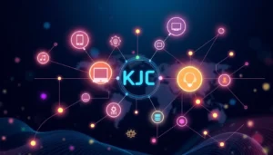 Liên minh quốc tế KJC in a dynamic digital network, showcasing global connectivity and technological innovation for online entertainment and services.