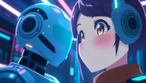 Detailed NSFW AI-generated anime character with expressive features and vibrant neon lighting, optimized for accessibility.