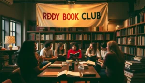 The REDDY BOOK CLUB logo with enthusiastic readers sharing stories in a welcoming environment.