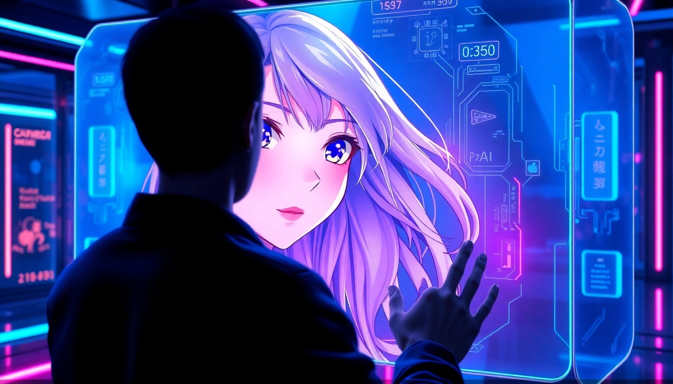 Futuristic digital scene showing an AI girlfriend interface with vibrant neon lights and anime-style character