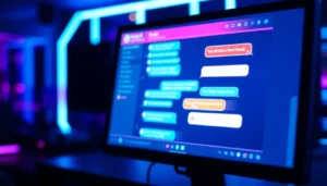 Futuristic digital chat interface with vibrant text bubbles on a high-tech screen, glowing in a neon-lit environment.