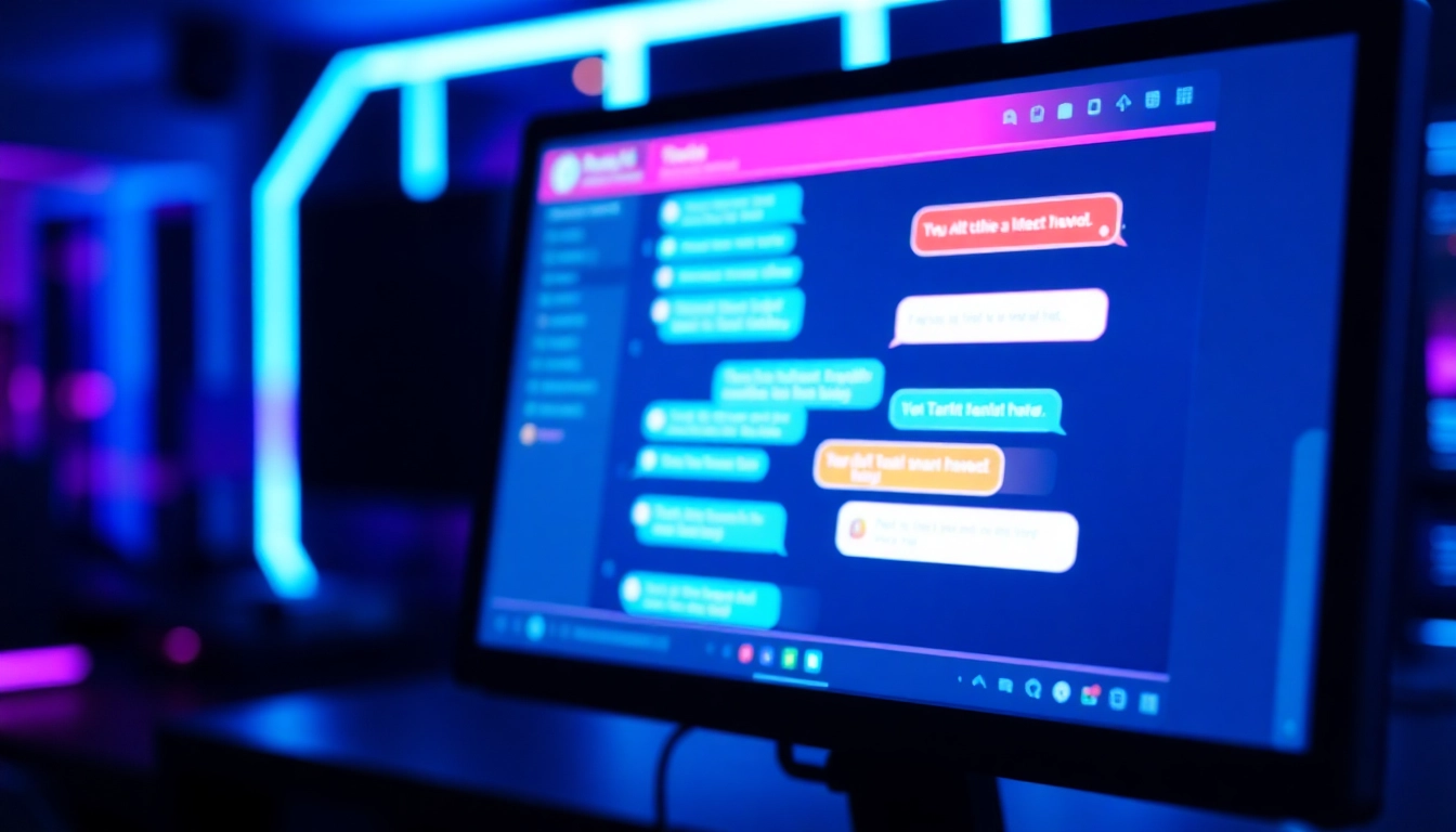 Futuristic digital chat interface with vibrant text bubbles on a high-tech screen, glowing in a neon-lit environment.