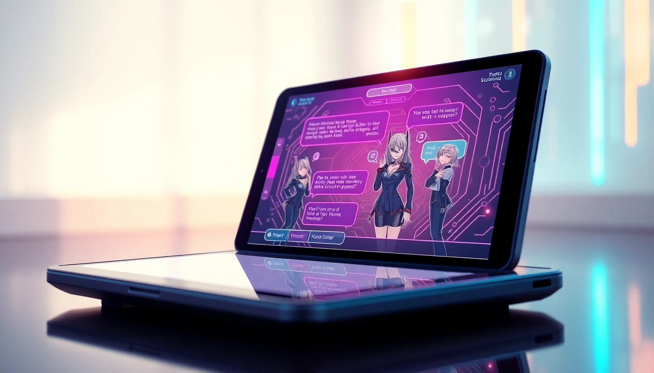 Futuristic chat interface on a tablet with anime-inspired AI characters in a neon-lit room.