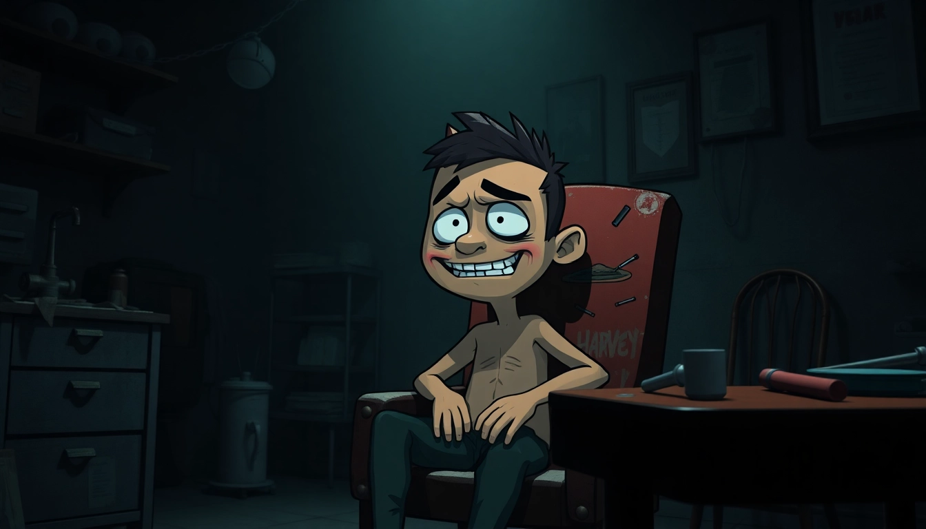 A distressed cartoon character named Harvey in a dark, grim room with medical tools and a tense atmosphere.