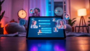 Futuristic digital chat interface with holographic AI characters in a modern, cozy setting.