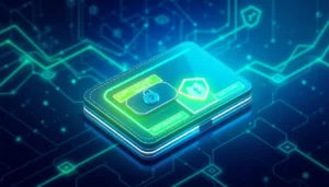 Secure crypto wallet being used on a smartphone with blockchain icons in the background and a