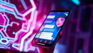 Illustration of a high-tech AI chat interface with animated characters in a vibrant, neon-lit setting.