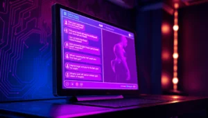 Futuristic digital chat interface with neon glow, hinting at adult AI conversations in a sleek tech environment.
