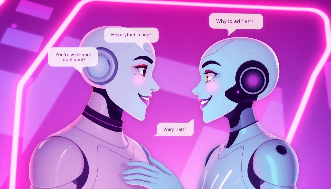 Two AI characters engaged in flirtatious conversation within a modern digital chat interface with neon accents.