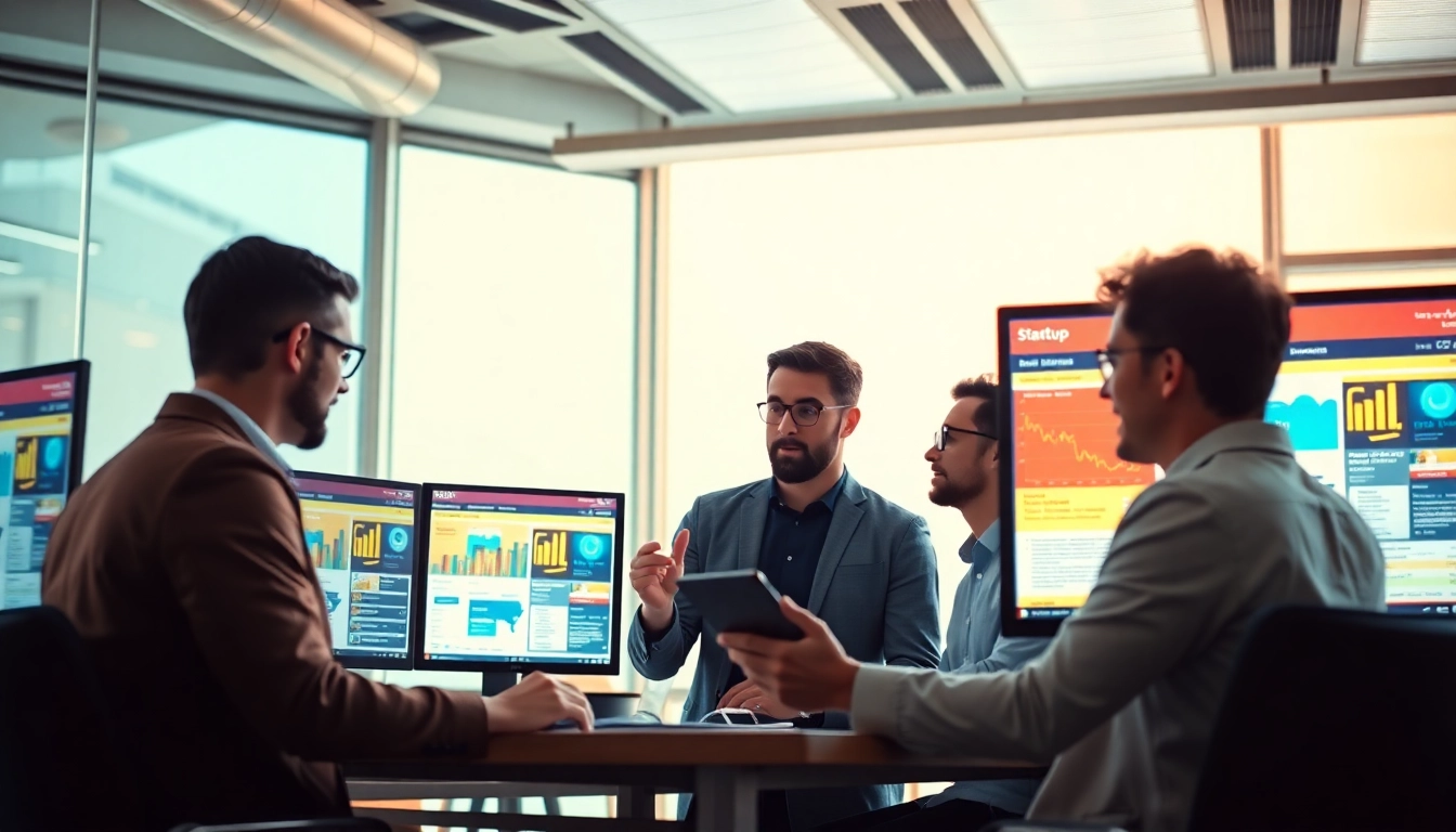 Team reviewing startup business news on digital screens in a modern workspace