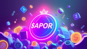 Dynamic scene showcasing APORK Token in a vibrant multi-chain environment with GambleFi gaming