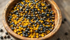 Black Mustard Seeds showcased in a rustic bowl with natural lighting, highlighting their deep
