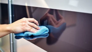 Applying Wohnmobil Politursiegelung to a campervan with a microfiber cloth for a high-gloss